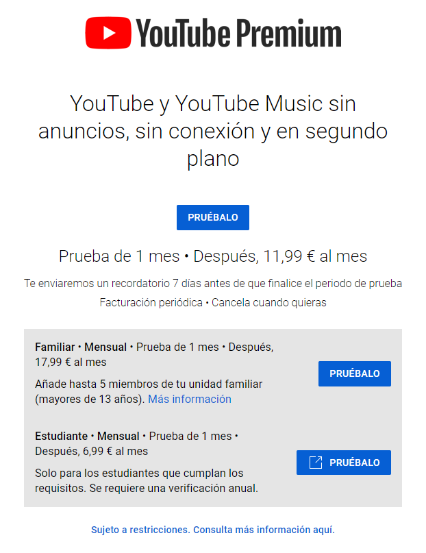Precio de Youtube Premium