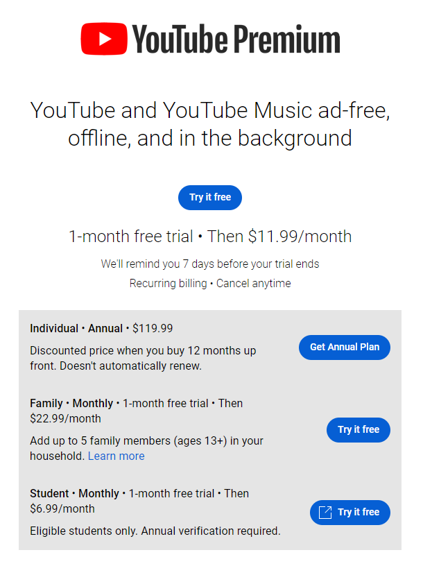 YouTube Premium的價格