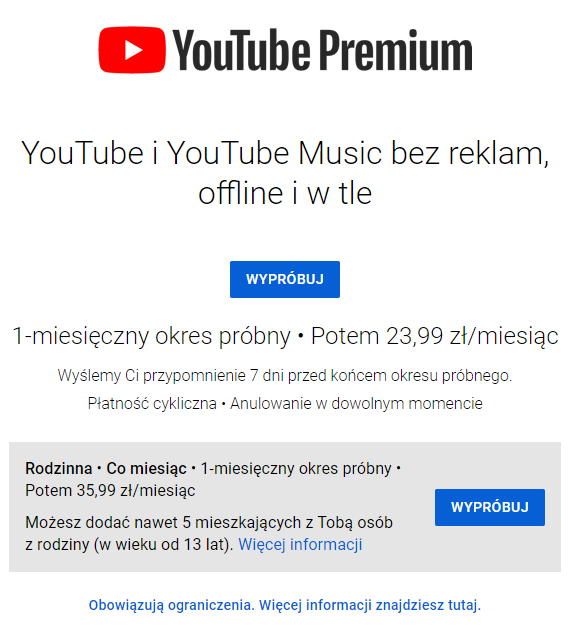 Cena Youtube Premium