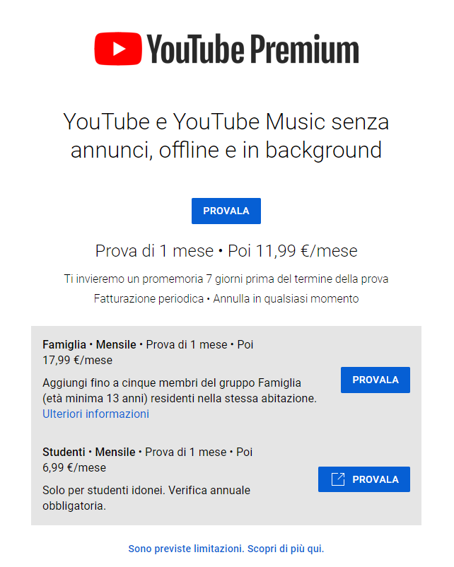 Prezzo di Youtube Premium